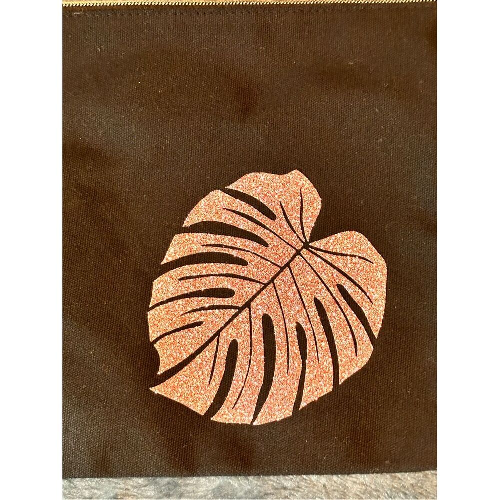 Black Canvas Clutch Pouch Rose Gold Glitter Monstera Leaf Zipper Cosmetic Bag - Picture 2 of 5
